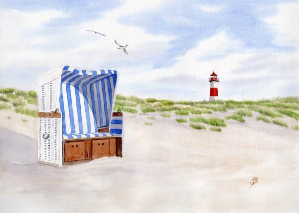 Watercolor art print Sylt lighthouse list beach chair dune picture art A3